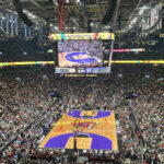 View of the seating bowl and court at Scotiabank Arena in Toronto, Ontario, during a Raptors basketball game