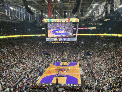 View of the seating bowl and court at Scotiabank Arena in Toronto, Ontario, during a Raptors basketball game