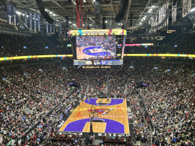 View of the seating bowl and court at Scotiabank Arena in Toronto, Ontario, during a Raptors basketball game