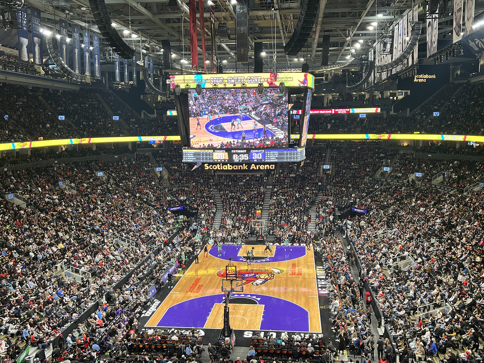 View of the seating bowl and court at Scotiabank Arena in Toronto, Ontario, during a Raptors basketball game