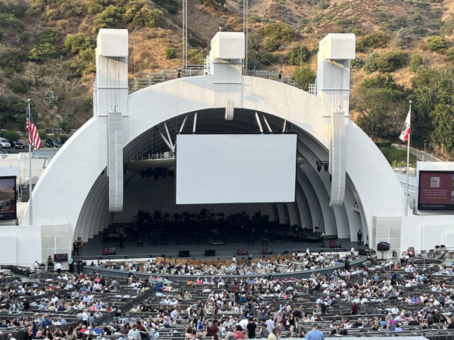 An empty stage before a concert at the Hollywood Bowl in Los Angeles