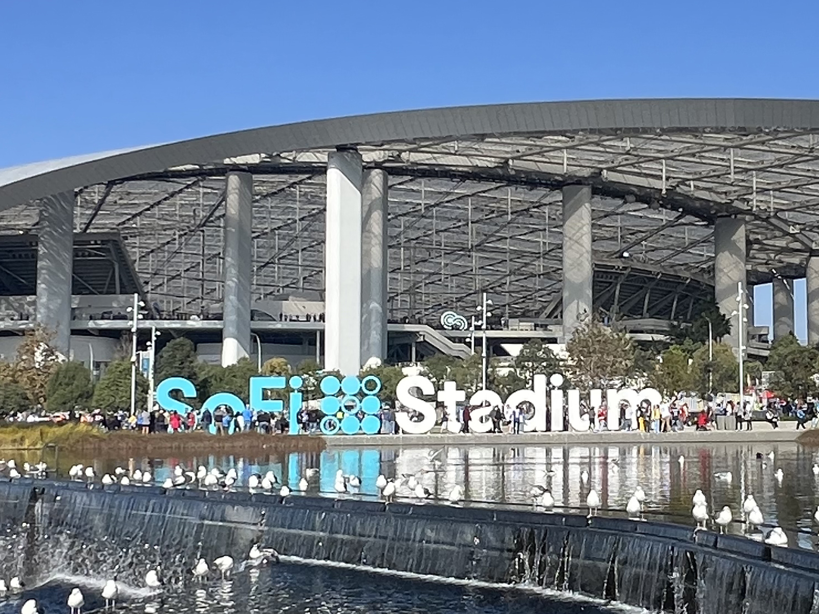Exterior signage in front of SoFi Stadium in Inglewood, California