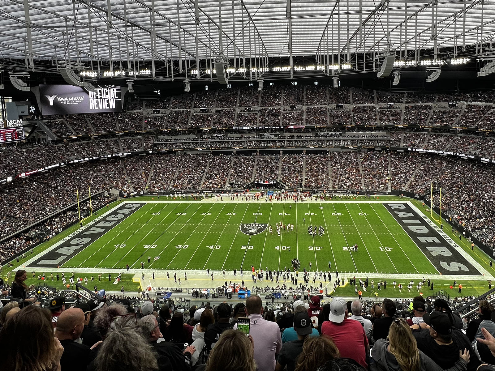 View of the field and seating bowl during a Raiders football game at Allegiant Stadium in Las Vegas, Nevada