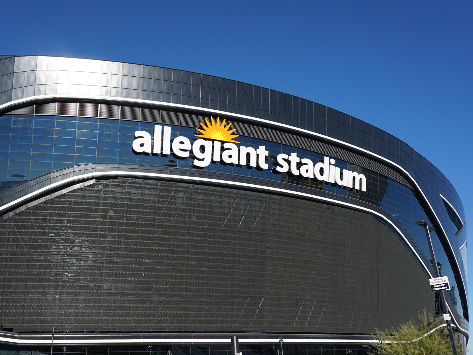 Exterior signage on the façade of Allegiant Stadium in Las Vegas, Nevada