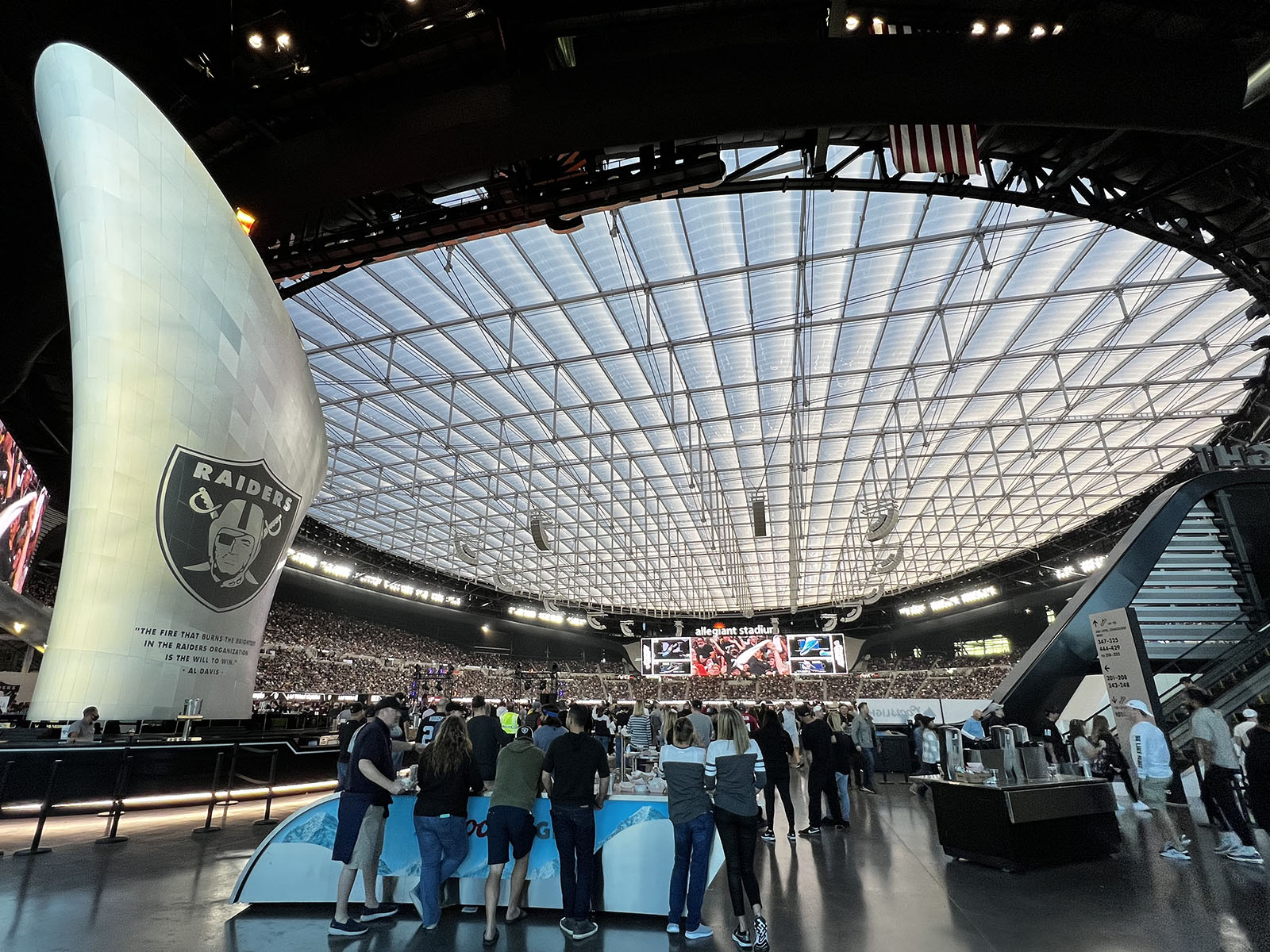 The large Al Davis tribute torch stands near the Torch Bar at Allegiant Stadium in Las Vegas, Nevada