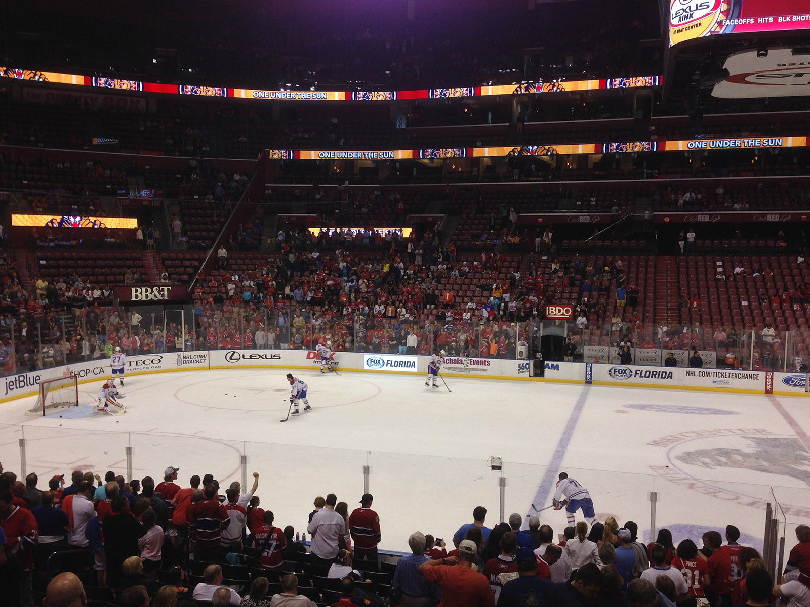 Players skate on the ice prior to a Panthers hockey game at Amerant Bank Arena in Sunrise, Florida