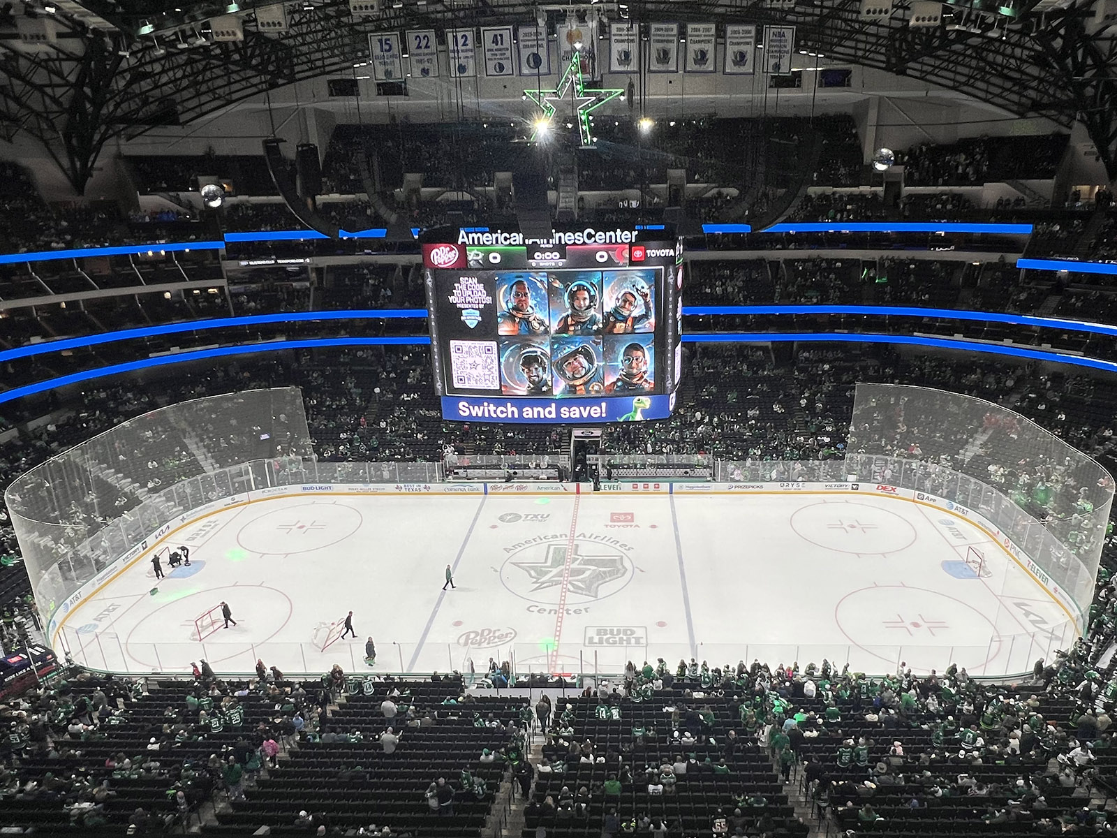View of the rink during a Stars hockey game at American Airlines Center in Dallas, Texas