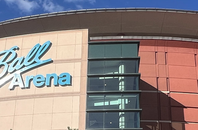 Panoramic view of the exterior of Ball Arena in Denver, Colorado