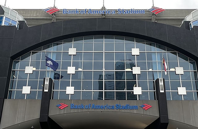 Signage on the north entrance to Bank of America Stadium in Charlotte, North Carolina