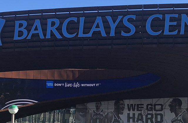 Panoramic view of the exterior of Barclays Center in Brooklyn, New York