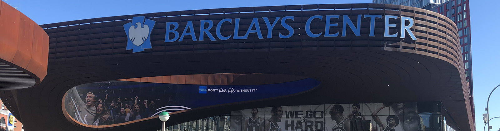 Panoramic view of the exterior of Barclays Center in Brooklyn, New York