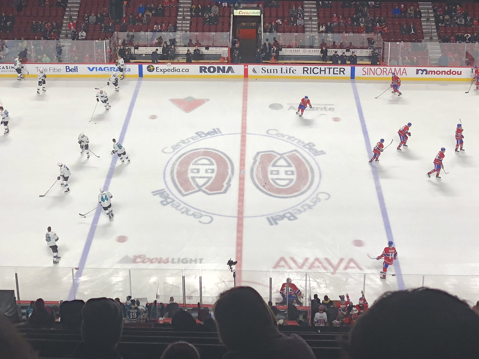 Players skate on the ice prior to a Canadiens hockey game at Bell Centre in Montreal, Quebec