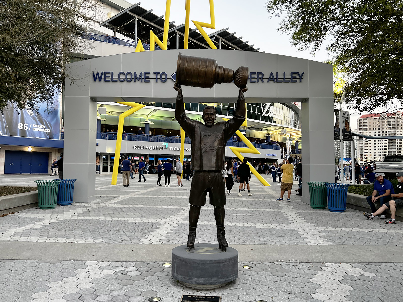 A statue of former Lightning player Dave Andreychuk lifting the Stanley Cup is displayed in front of Benchmark International Arena in Tampa, Florida