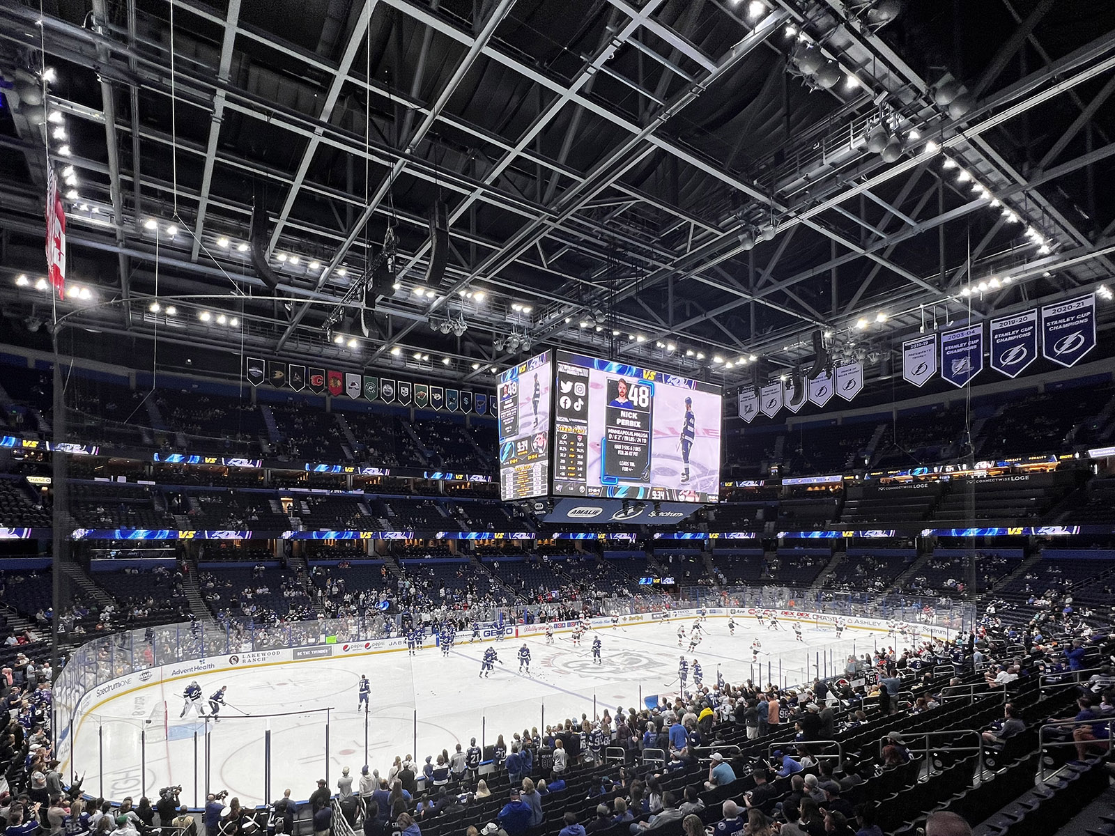 Players skate on the ice prior to a Lightning hockey game at Benchmark International Arena in Tampa, Florida
