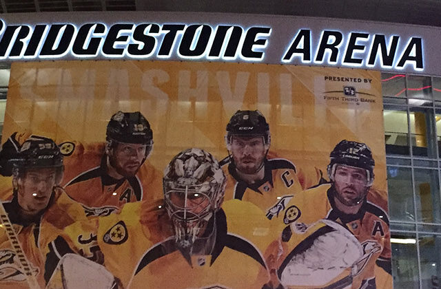 Panoramic view of the exterior façade of Bridgestone Arena in Nashville, Tennessee