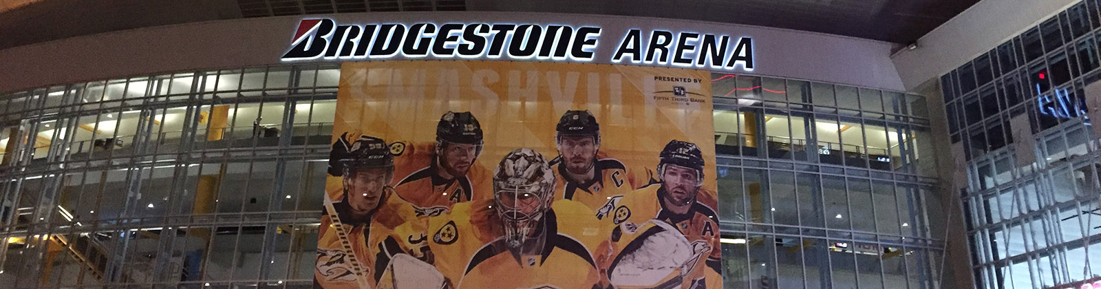 Panoramic view of the exterior façade of Bridgestone Arena in Nashville, Tennessee