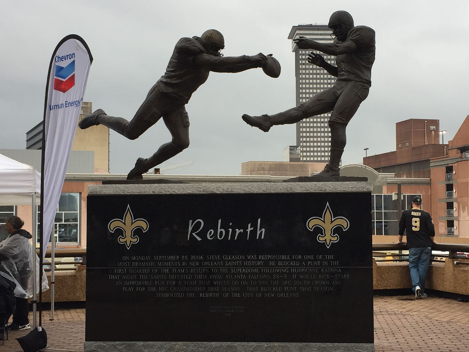 The "Rebirth" statue depicting a famous blocked punt stands outside the Caesars Superdome in New Orleans, Louisiana