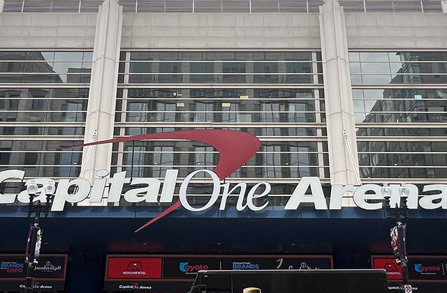 Panoramic view of the exterior of Capital One Arena in Washington, D.C.