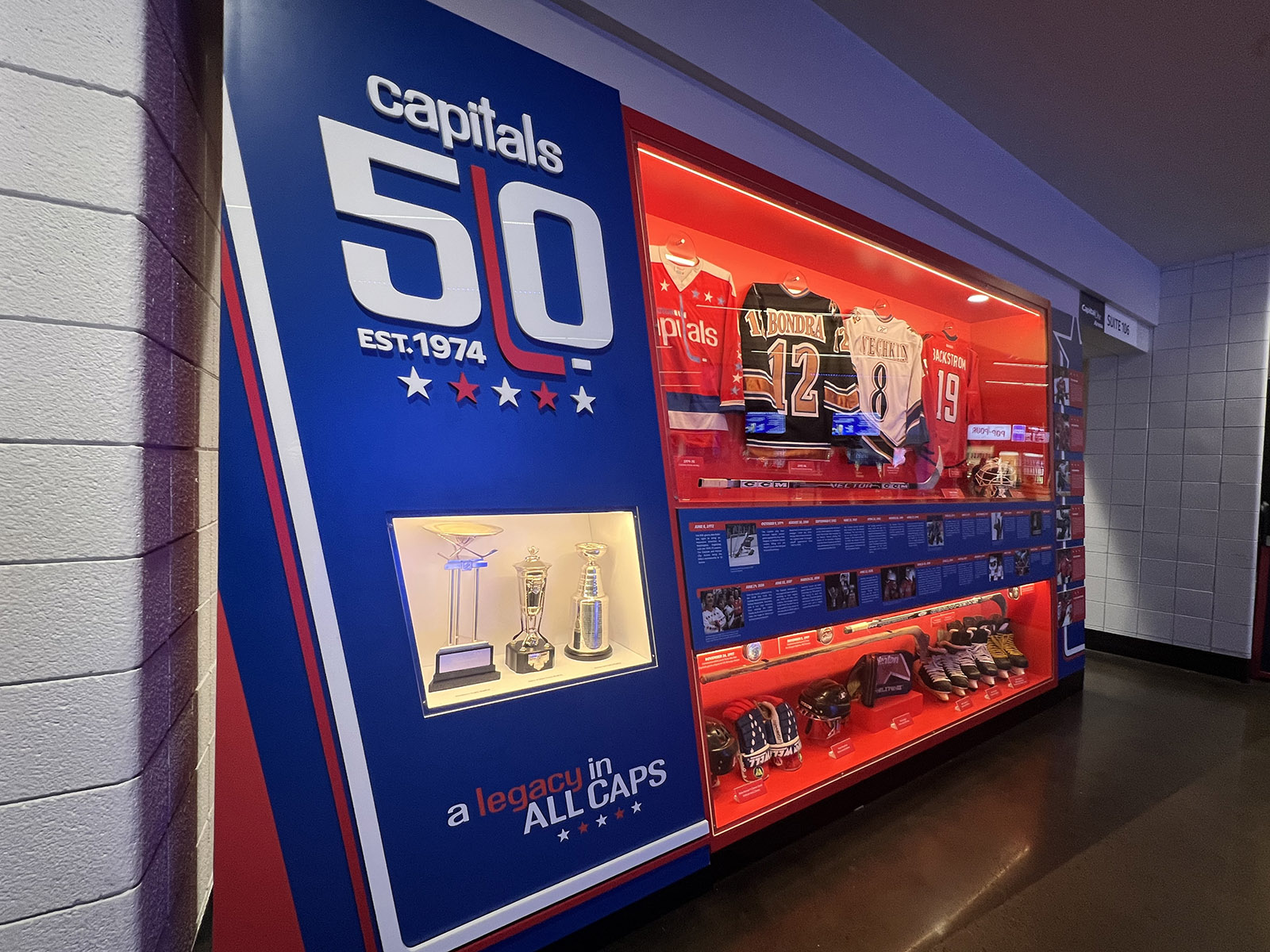 A display details the history of the Capitals franchise on the concourse at Capital One Arena in Washington, D.C.