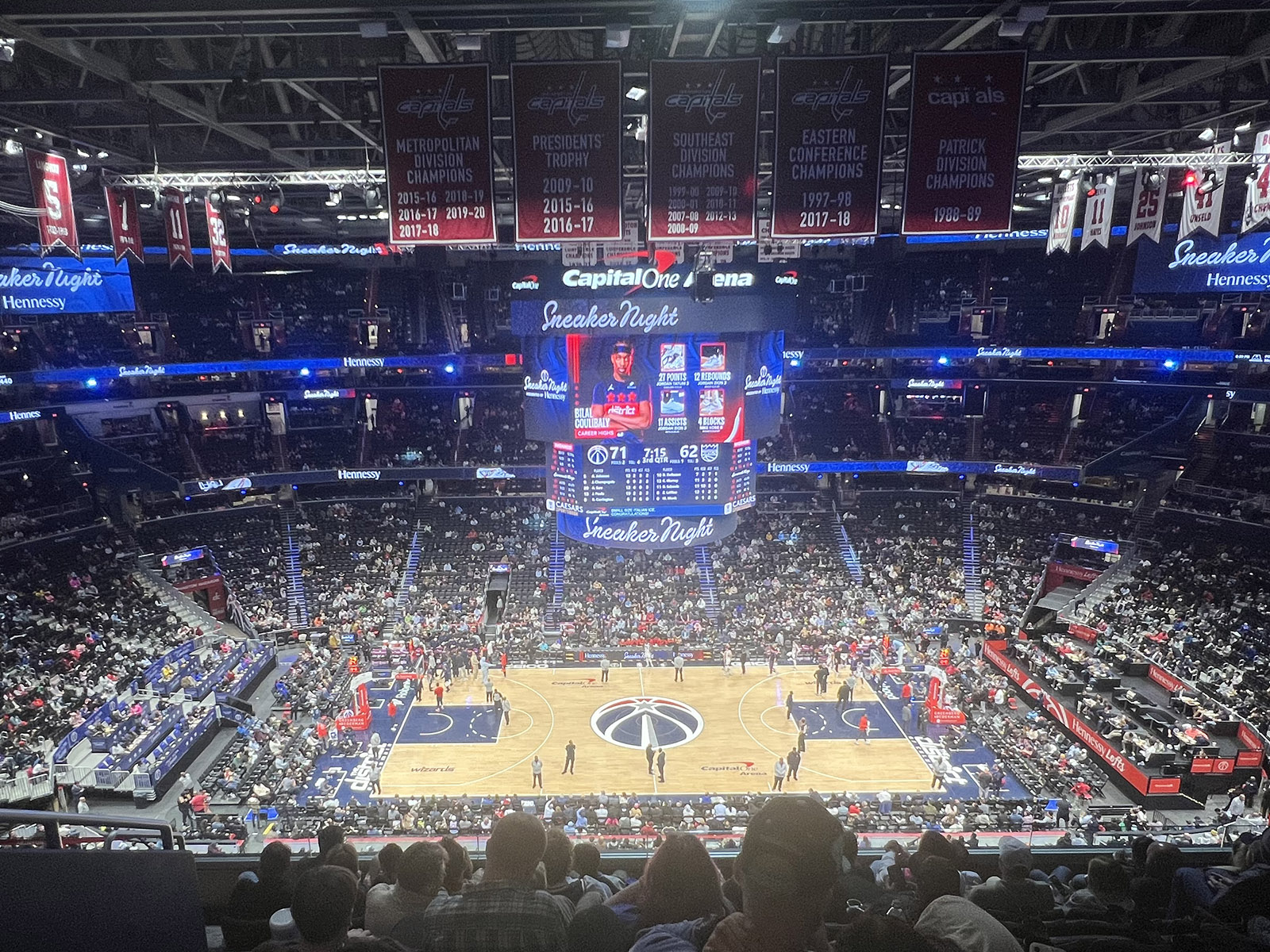 View of the court and seating bowl at Capital One Arena in Washington, D.C., during a Wizards basketball game