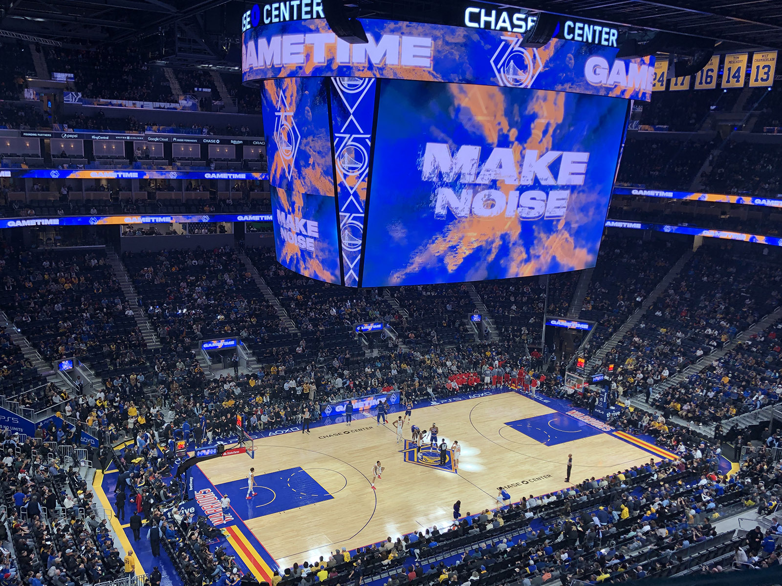 View of the court as players prepare for a basketball game at Chase Center in San Francisco, California