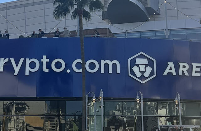Exterior signage in front of Crypto.com Arena in Los Angeles, California