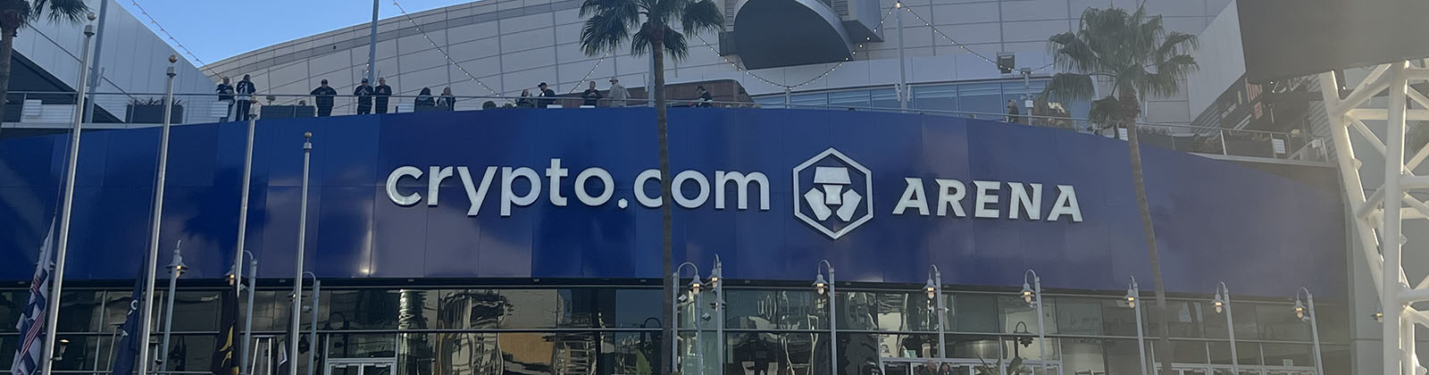 Exterior signage in front of Crypto.com Arena in Los Angeles, California