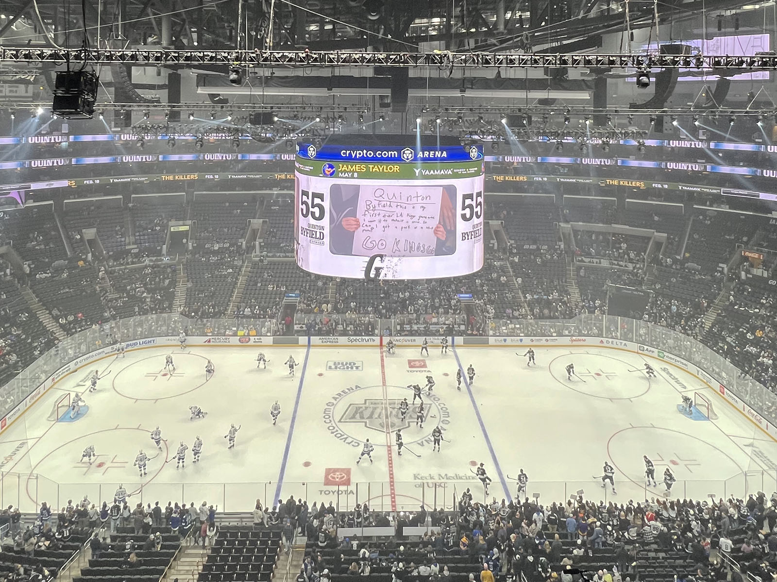 View of the ice at Crypto.com Arena in Los Angeles, California, during warmups before a Kings hockey game