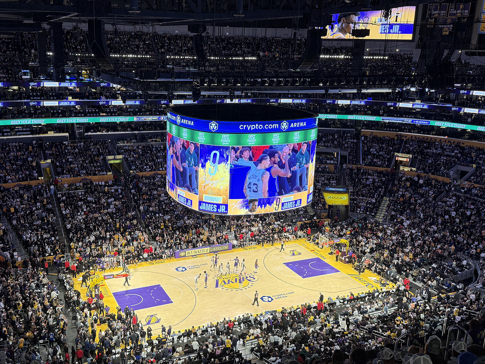 View of the court at Crypto.com Arena in Los Angeles, California, during a Lakers basketball game