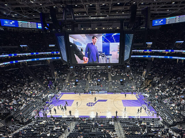 View of the court during a Utah Jazz game at the Delta Center in Salt Lake City