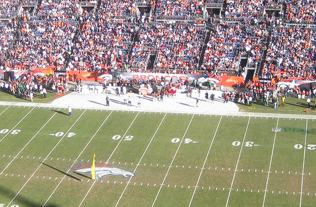 View of the playing field at Empower Field in Denver, Colorado, before a Broncos football game