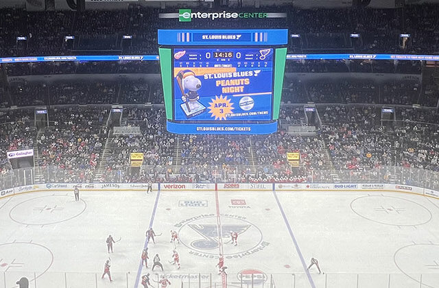 Panoramic view of the rink at Enterprise Center in St. Louis, Missouri, during a Blues hockey game