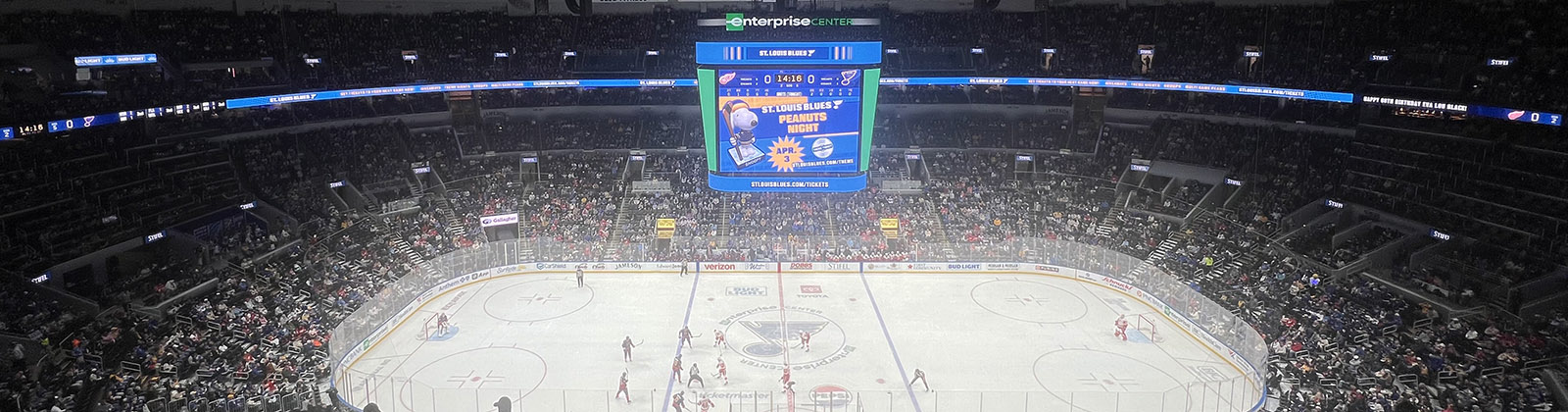 Panoramic view of the rink at Enterprise Center in St. Louis, Missouri, during a Blues hockey game