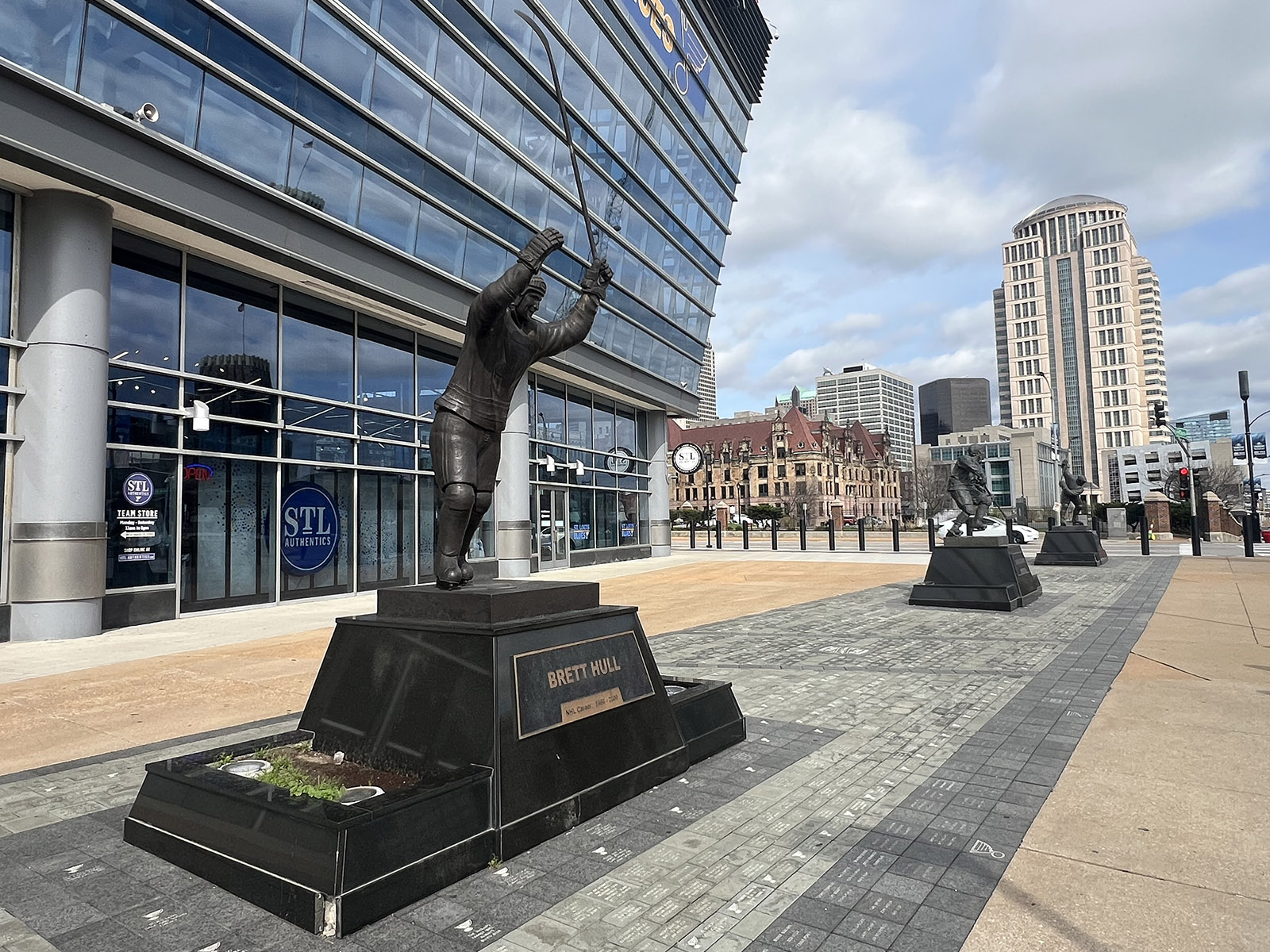 Statues of Blues legends stand outside the entrance gates to Enterprise Center in St. Louis, Missouri
