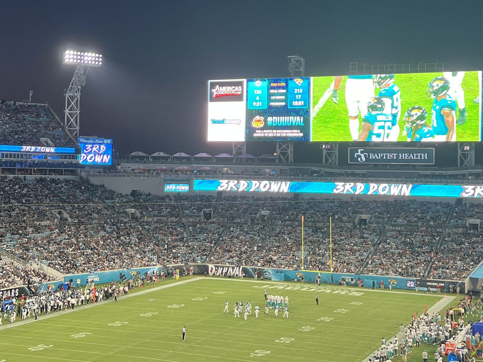 View of the field from behind one of the end zones at EverBank Stadium in Jacksonville, Florida