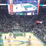 Panoramic view of the court and seating bowl at Fiserv Forum in Milwaukee, Wisconsin, during a Bucks basketball game