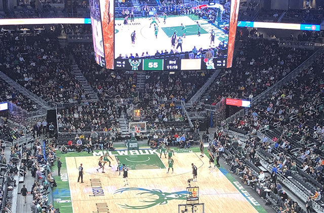 Panoramic view of the court and seating bowl at Fiserv Forum in Milwaukee, Wisconsin, during a Bucks basketball game