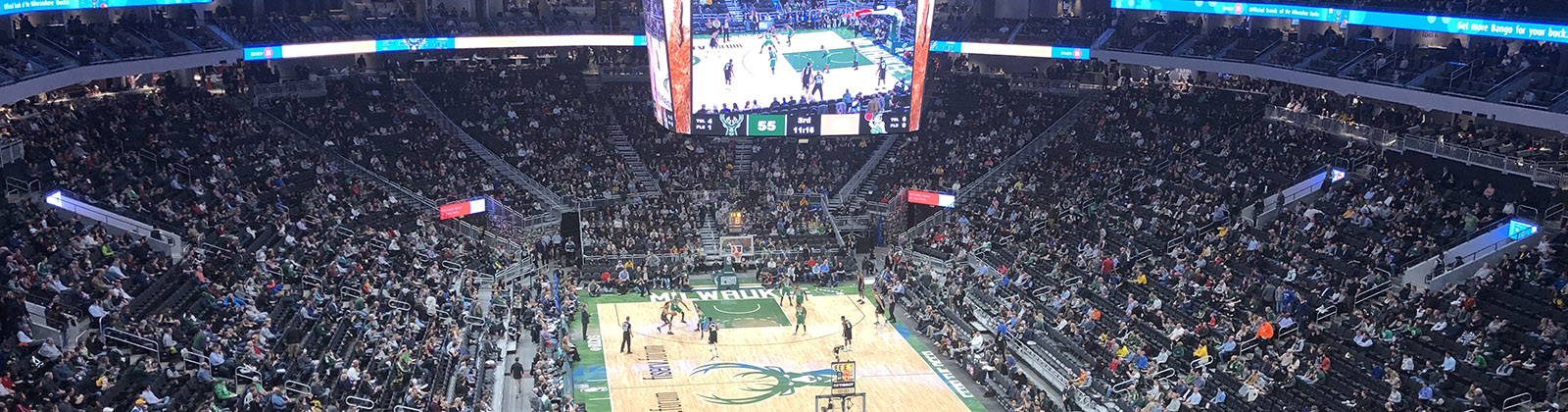 Panoramic view of the court and seating bowl at Fiserv Forum in Milwaukee, Wisconsin, during a Bucks basketball game