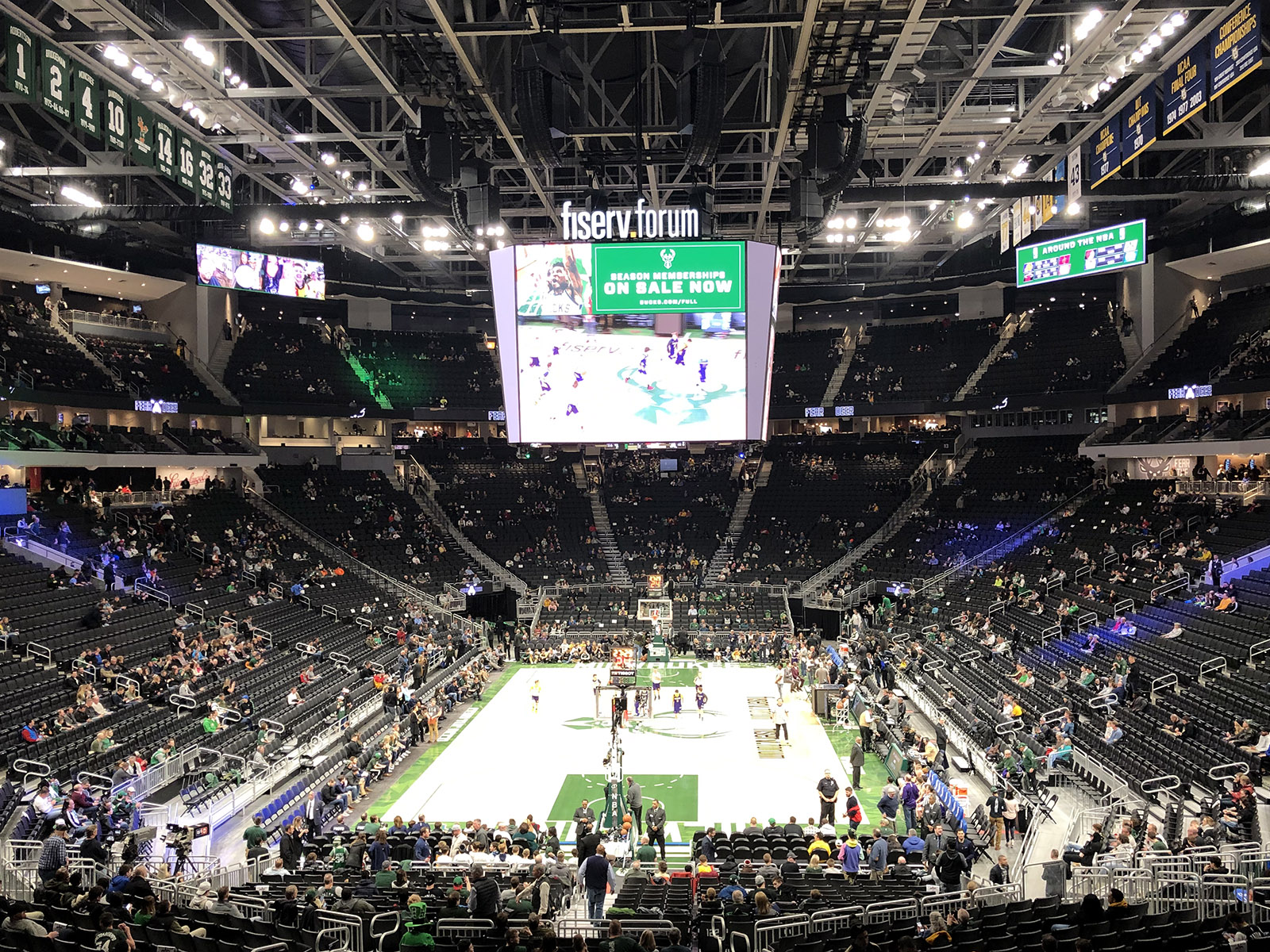 View of the court from behind one of the baskets at Fiserv Forum in Milwaukee, Wisconsin