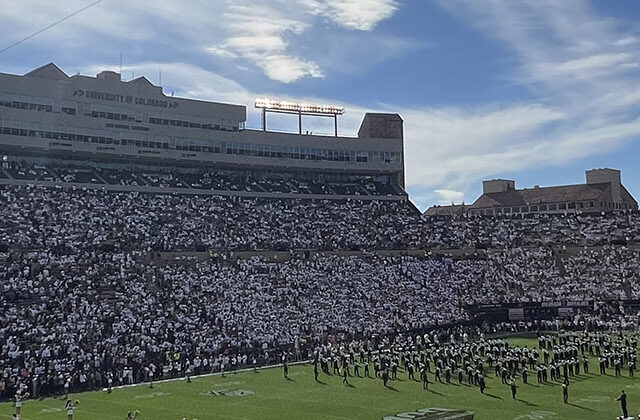 Panoramic view of the field and seating bowl at Folsom Field in Boulder, Colorado