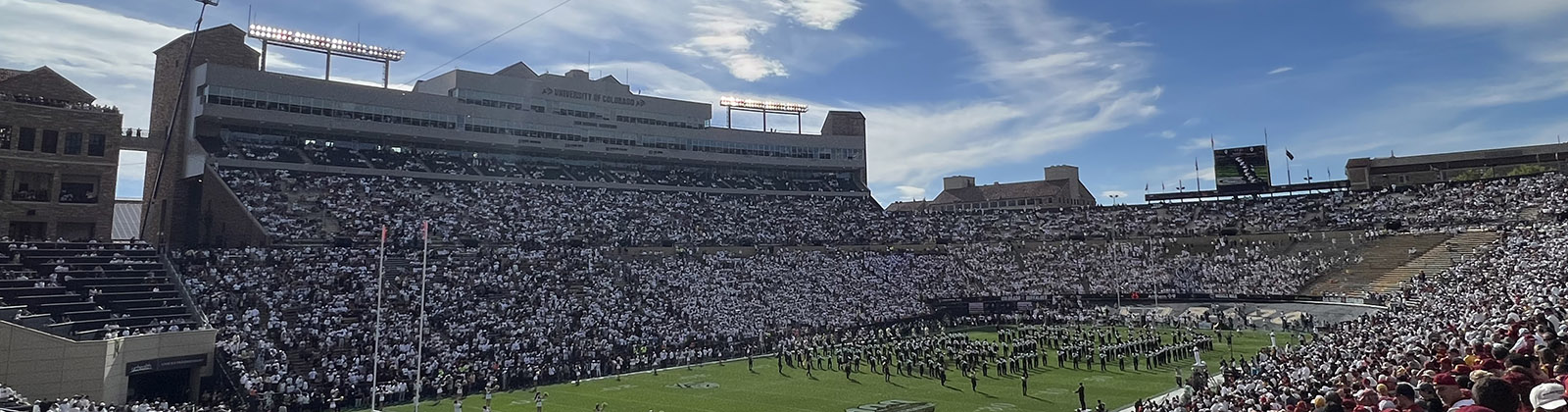 Panoramic view of the field and seating bowl at Folsom Field in Boulder, Colorado