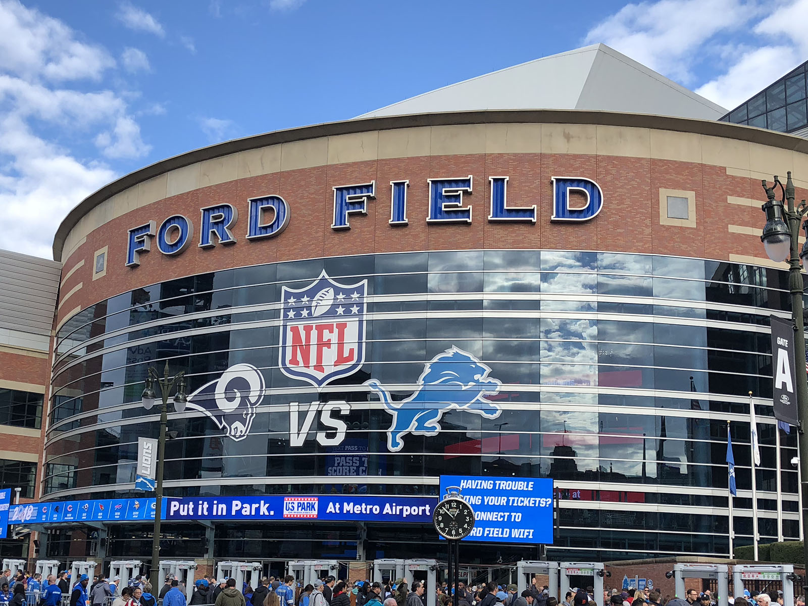 Exterior view of the entrance atrium at Ford Field, a football stadium in Detroit, Michigan