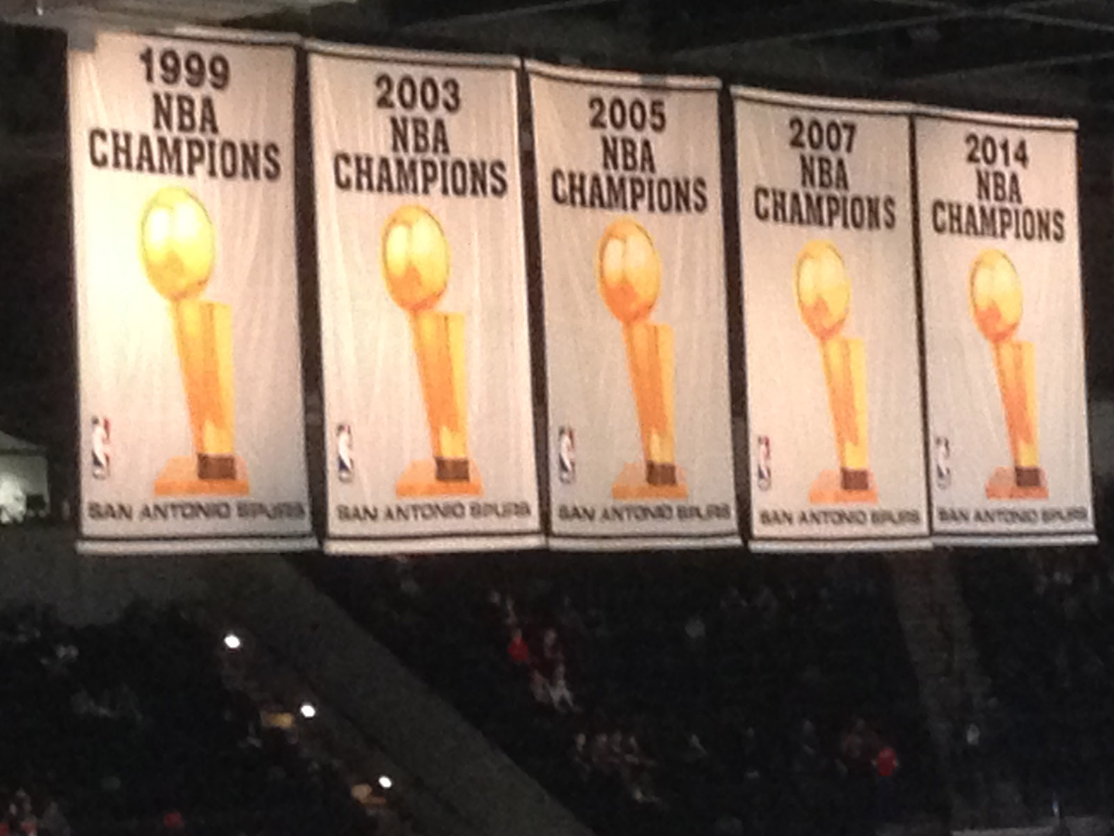 The Spurs' championship banners hang from the rafters at Frost Bank Center in San Antonio, Texas