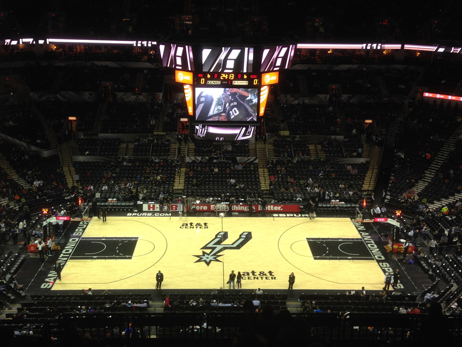 View of the court at Frost Bank Center in San Antonio, Texas, before a Spurs basketball game