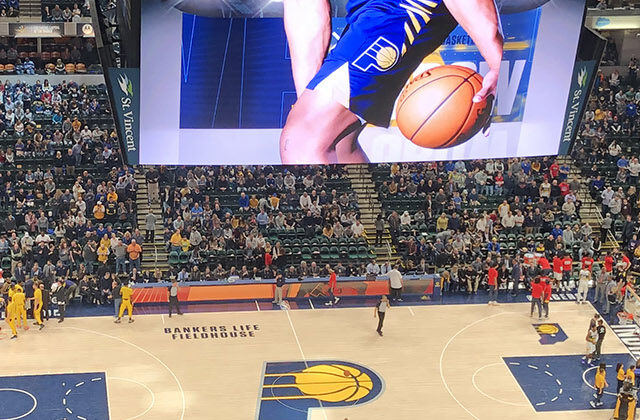 Panoramic view of the court and seating bowl at Gainbridge Fieldhouse in Indianapolis, Indiana, during a Pacers basketball game