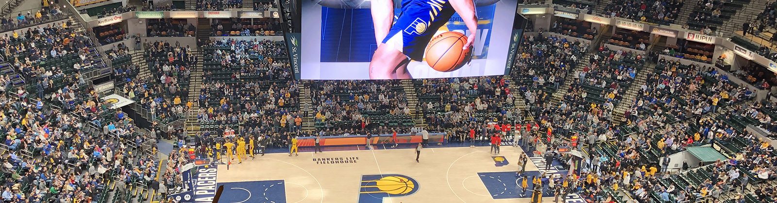 Panoramic view of the court and seating bowl at Gainbridge Fieldhouse in Indianapolis, Indiana, during a Pacers basketball game