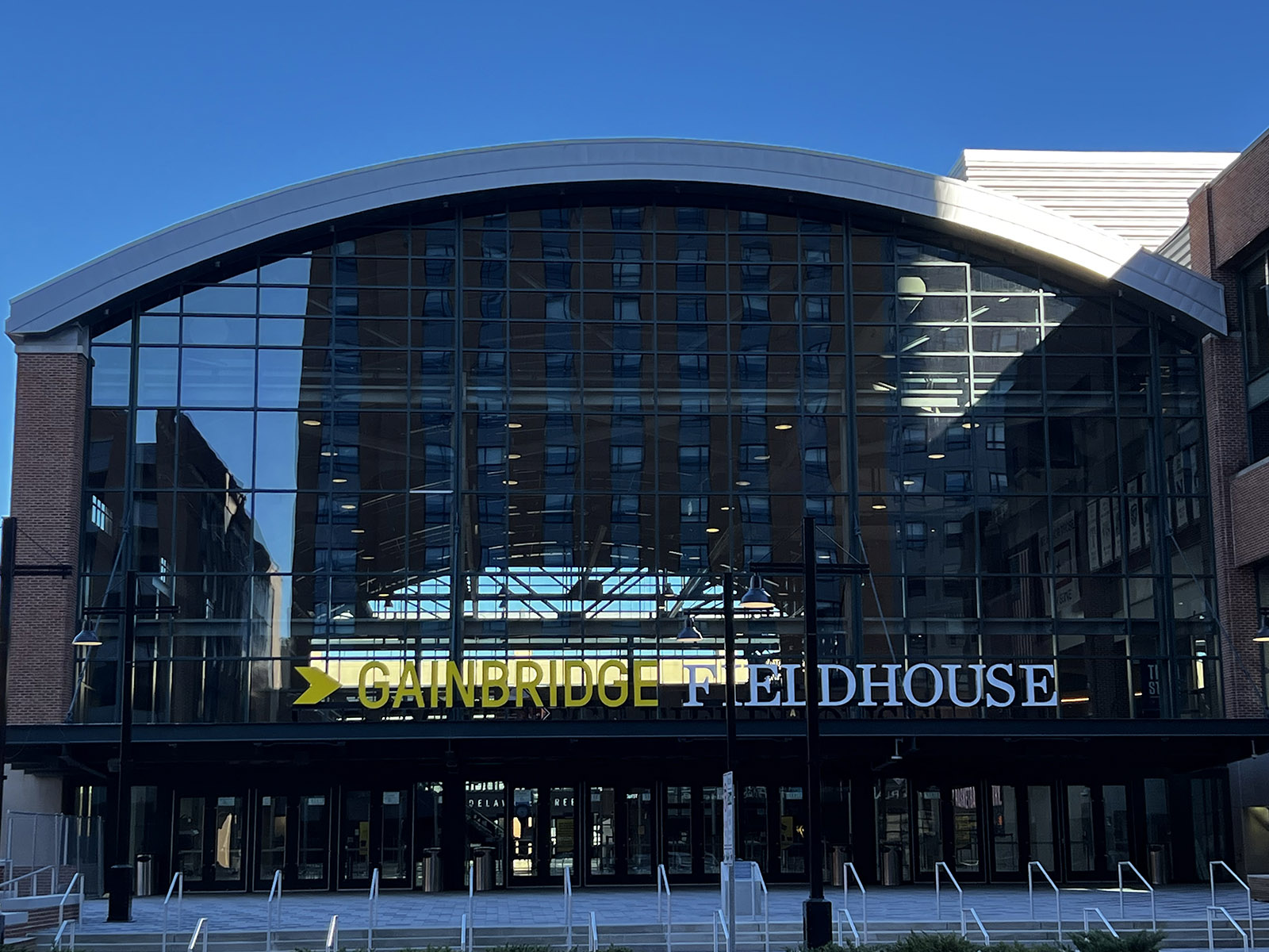 Exterior signage in front of Gainbridge Fieldhouse in Indianapolis, Indiana