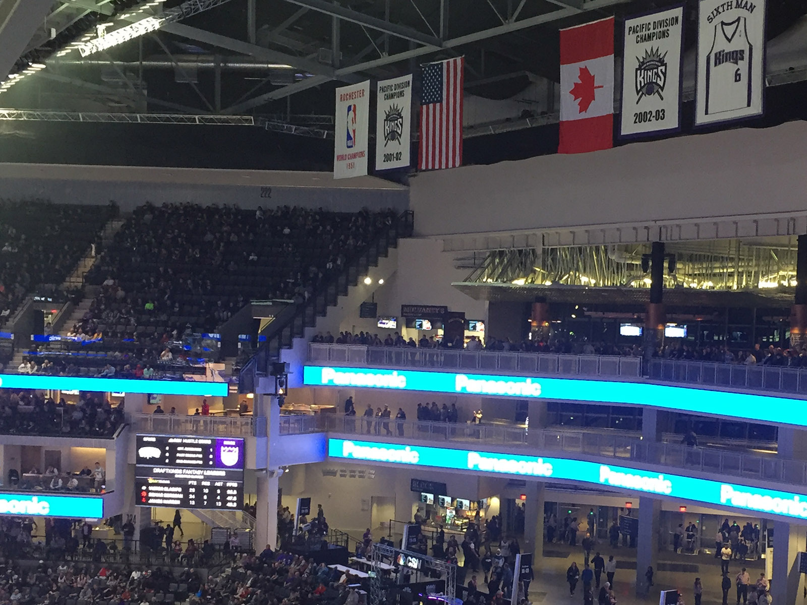 Sacramento Kings banners hang from the rafters at the Golden 1 Center in Sacramento, California