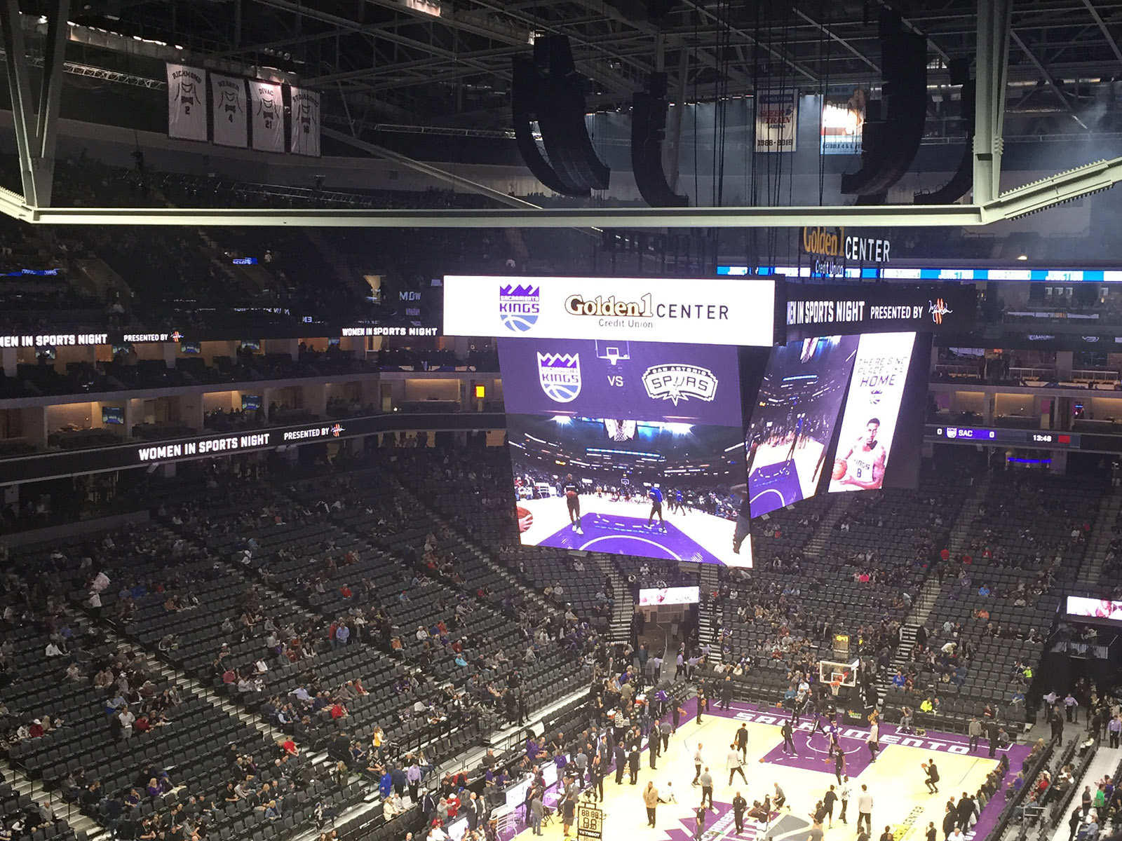 The overhead videoboard and court seen before a Kings basketball game at the Golden 1 Center in Sacramento, California