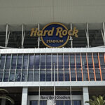 Signage atop an entrance gate at Hard Rock Stadium in Miami Gardens, Florida